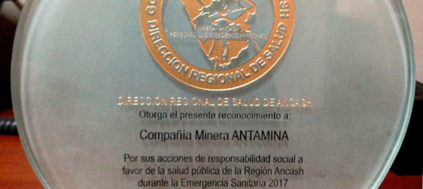 Responsabilidad social corporativa: La Dirección Regional de Salud (DIRES) Áncash ha realizado un reconocimiento a Antamina por el apoyo en la Intervención Sanitaria en la Emergencia Ancash en Huarmey y el Valle Fortaleza.